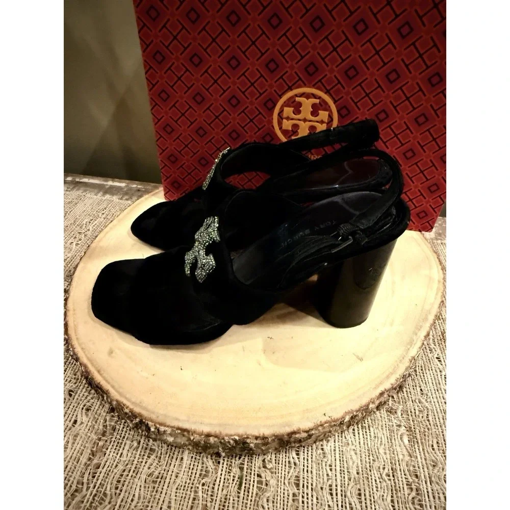 Tory Burch Eleanor Pave Heel Sandal in Black Velvet‎ Leather Rt-428$ Sz-9.5